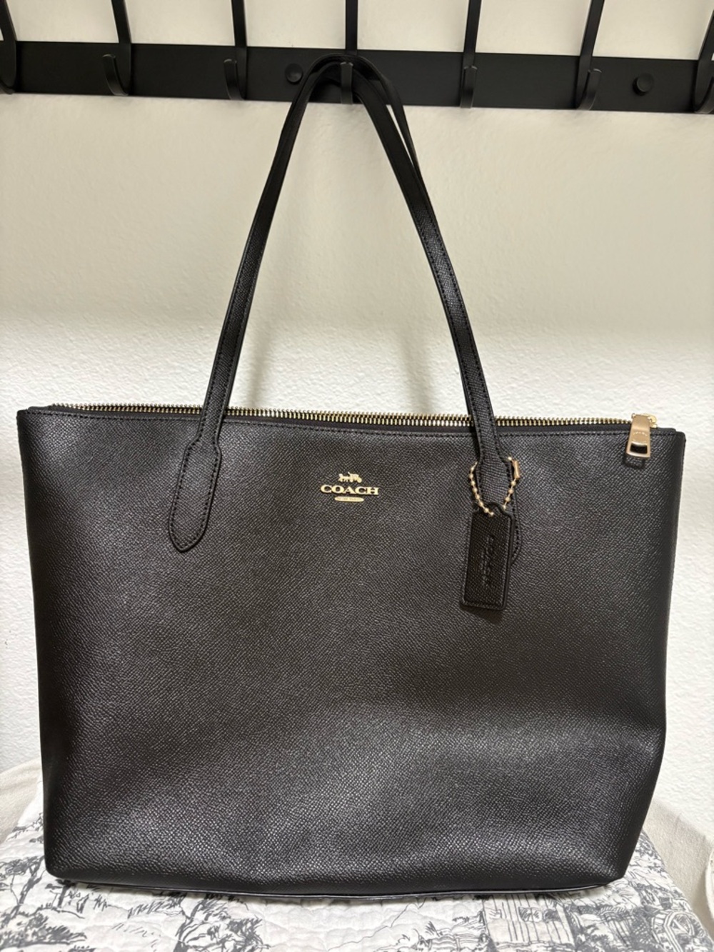 Coach Black Leather Zip-Top Tote with Gold Hardware NWT